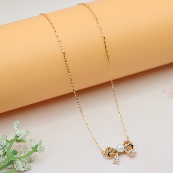 Rose Gold Bow Pendant Necklace with Pearl and Crystals , XPNL0171 - Picture 2 of 13